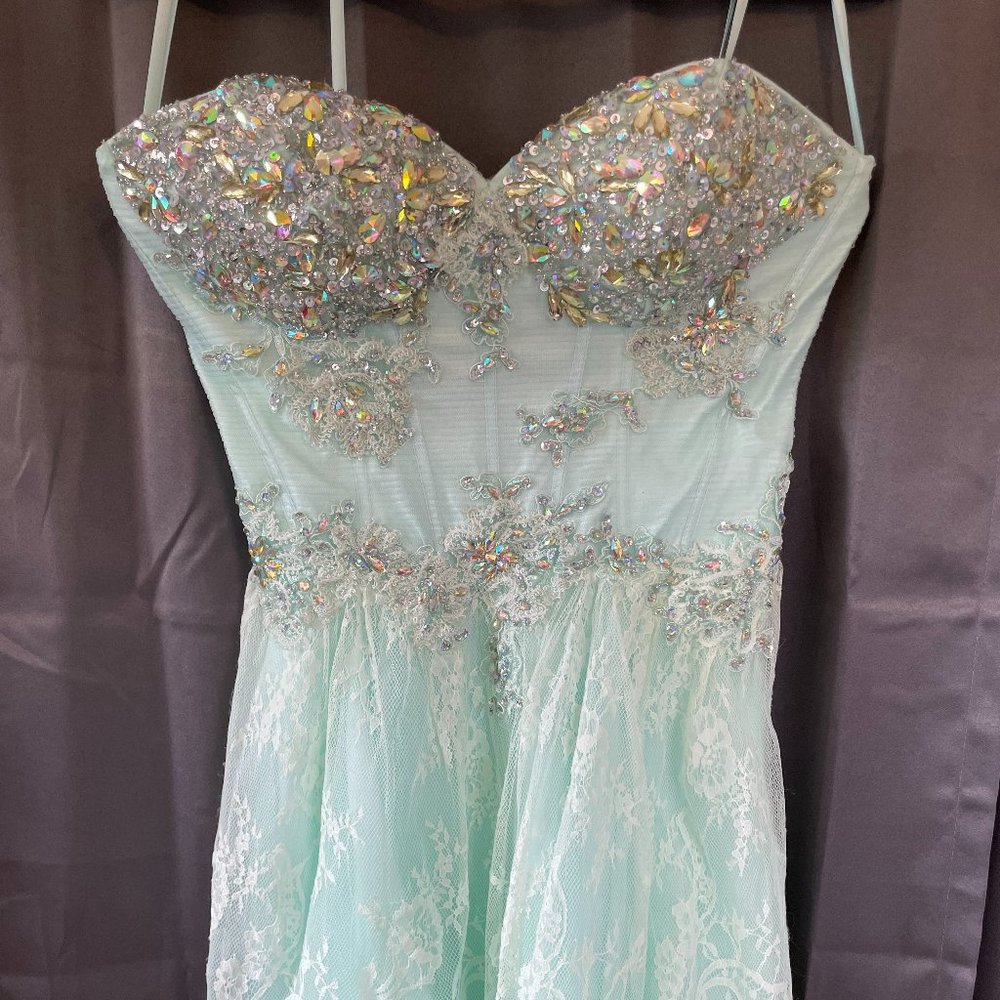 Mint Green Gemstone and Lace Strapless Mini Dress